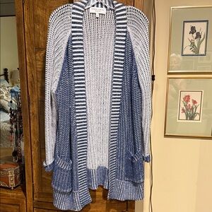 Derek Lam Navy and White Open-Front Cardigan